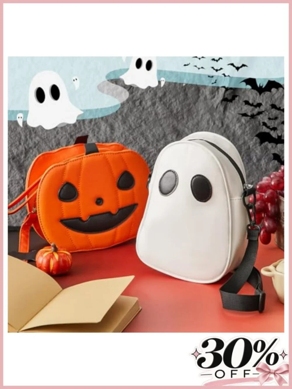 2-Pack Halloween Crossbody Bags PU Leather Pumpkin Ghost Purse Set